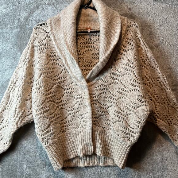 Free People XS Womens‎ Shawl Collar Cardigan Wool Crochet Knit Eyelet Cottage - Picture 3 of 7